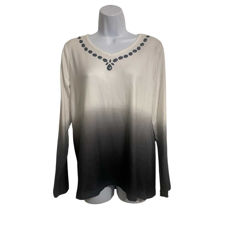 Karen Brooks Ombre Top Embellished V-Neck Long Sleeve‎ Blouse Size S